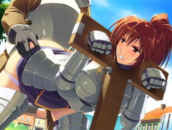 Rule 34 | 1girl, angry, armor, ass, ass grab, bent over, blush, breasts, brown eyes, brown hair, clenched teeth, clothed sex, cloud, female knight, game cg, gloves, himekishi angelica, ishigaki takashi, knight, long hair, looking back, panties, panty pull, pillory, ponytail, public indecency, rape, restrained, sex, sky, stationary restraints, stocks, teeth, underwear, vaginal