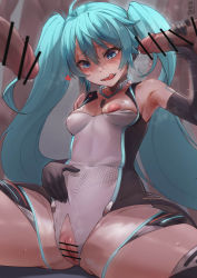 Rule 34 | 1girl, 2boys, ahoge, aqua eyes, aqua hair, bar censor, bare shoulders, blush, boots, breasts, censored, choker, covered navel, elbow gloves, gloves, hatsune miku, highleg, highleg leotard, highres, leotard, licking lips, long hair, looking at viewer, medium breasts, multiple boys, multiple penises, nipples, padoruu, penis, pussy, race queen, racing miku, racing miku (2011), sidelocks, sleeveless, smile, solo, tagme, thigh boots, thighhighs, tongue, tongue out, twintails, very long hair, vocaloid