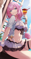Rule 34 | 1girl, absurdres, bead necklace, beads, bikini, bikini skirt, blue eyes, blush, breasts, bright pupils, cleavage, cup, elf, elysia (honkai impact), elysia (miss pink elf), elysia (miss pink elf) (honkai impact), frilled bikini, frills, grin, hairband, halterneck, highleg, highres, holding, holding cup, honkai (series), honkai impact 3rd, jewelry, large breasts, layered bikini, long hair, looking at viewer, low twintails, midriff, navel, necklace, open clothes, open shirt, pink hair, pointy ears, ponytail, see-through, shirt, short sleeves, sitting, smile, solo, stomach, swimsuit, takehana note, thigh strap, thighs, tropical drink, twintails, very long hair, white bikini, white shirt