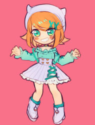 Rule 34 | 1girl, animal hat, ankle boots, aqua choker, aqua shirt, aqua socks, bare shoulders, beanie, blonde hair, blouse, blush stickers, boots, buttons, chibi, choker, claw pose, double-breasted, frilled cuffs, frilled shirt, frilled skirt, frills, green eyes, grey footwear, grey skirt, grin, hair ornament, hairclip, hat, heart, heart button, heart choker, heart in eye, high-waist skirt, highres, hikusa, kagamine rin, long sleeves, looking at viewer, off-shoulder shirt, off shoulder, orange hair, petticoat, pigeon-toed, pink background, shirt, short hair, skirt, skirt cutout, smile, socks, solo, swept bangs, symbol in eye, vocaloid
