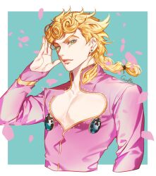 Rule 34 | 1boy, aqua background, blonde hair, border, cleavage cutout, clothing cutout, curly hair, earrings, falling petals, giorno giovanna, green eyes, hair tie, hand on own face, highres, jacket, jewelry, jojo no kimyou na bouken, jujeop, long hair, long sleeves, looking at viewer, low-tied long hair, male focus, pectorals, petals, pink jacket, signature, solo, white border
