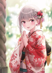 Rule 34 | 1girl, :d, blurry, blurry background, blurry foreground, blush, braid, commentary request, day, depth of field, earrings, floral print, flower, furisode, gloves, hair flower, hair ornament, hairclip, japanese clothes, jewelry, kimono, long sleeves, looking at viewer, obi, open mouth, original, own hands together, print kimono, rangu, red gloves, red kimono, rope, sash, short hair, silver hair, smile, solo, wide sleeves