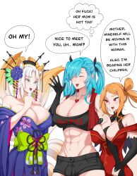Rule 34 | 3girls, abirdeer, abs, akeno(itsnafulol), animal ears, arm between breasts, between breasts, blue hair, blush, braid, breasts, bulge, cleavage, clothes writing, crop top, dress, elbow gloves, flower, fox ears, fox girl, fox tail, futanari, gloves, hair between eyes, hair flower, hair ornament, hair over one eye, hairband, highres, huge breasts, japanese clothes, jewelry, kimono, large breasts, mother and daughter, multicolored hair, multiple girls, muscular, muscular female, orange hair, priscilla barielle, re:zero kara hajimeru isekai seikatsu, red dress, red eyes, ribbon, short shorts, shorts, tail, twintails, waving, white hair, yorna mishigure