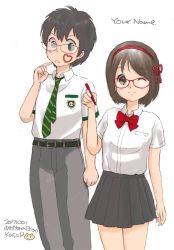 Rule 34 | 1boy, 1girl, belt, bespectacled, blush, brown eyes, brown hair, commentary request, copyright name, dated, drawing on another&#039;s face, glasses, green necktie, hair ribbon, kasagi toshihiko, kimi no na wa., marker, miyamizu mitsuha, necktie, one eye closed, red ribbon, ribbon, school uniform, short sleeves, smile, striped necktie, striped neckwear, tachibana taki