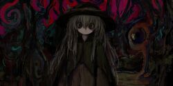 Rule 34 | 1girl, abstract background, black eyes, black headwear, closed mouth, dark, expressionless, green shirt, grey hair, hair between eyes, highres, komeiji koishi, long hair, long sleeves, looking at viewer, red sky, reverinth, shirt, sky, solo, straight-on, touhou, two-tone shirt, upper body, yellow shirt