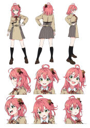 Rule 34 | 1girl, absurdres, ahoge, bell, crossover, expressions, green eyes, hair bell, hair ornament, hand on own hip, highres, hololive, konbanwa01, long sleeves, lycoris recoil, lycoris uniform, medium hair, open mouth, pink hair, sakura miko, side ponytail, smile, two-tone dress, virtual youtuber