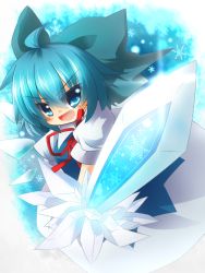 Rule 34 | 1girl, bad id, bad pixiv id, blue eyes, blue hair, bow, cirno, crystal sword, dress, fang, furea (artist), furea (scarlet t), hair bow, ice, ice wings, matching hair/eyes, open mouth, puffy sleeves, ribbon, short hair, short sleeves, smile, solo, sword, touhou, weapon, wings