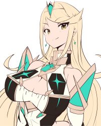 Rule 34 | 1girl, absurdres, bare shoulders, blonde hair, breasts, chest jewel, cleavage, cleavage cutout, clothing cutout, dress, earrings, flat color, highres, jewelry, large breasts, long hair, mythra (xenoblade), risumi (taka-fallcherryblossom), short dress, solo, swept bangs, tiara, very long hair, white dress, xenoblade chronicles (series), xenoblade chronicles 2, yellow eyes