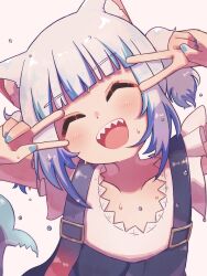 Rule 34 | 1girl, :d, absurdres, animal ears, blue hair, blue nails, blunt bangs, blush, cat ears, closed eyes, collarbone, commentary, double v, fins, fish tail, gawr gura, gawr gura (casual), head tilt, highres, hololive, hololive english, ijipiku, multicolored hair, official alternate costume, open mouth, overalls, portrait, shark tail, sharp teeth, shirt, short sleeves, sidelocks, simple background, smile, solo, sweat, tail, teeth, two-tone hair, upper teeth only, v, v over eye, virtual youtuber, white background, white hair, white shirt
