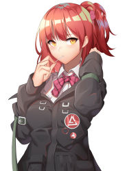 Rule 34 | 1girl, absurdres, black jacket, blouse, bow, candy, collared shirt, food, girls&#039; frontline, hair bobbles, hair ornament, henz, highres, jacket, lollipop, long sleeves, looking at viewer, mp7 (girls&#039; frontline), pink bow, ponytail, red hair, shirt, side ponytail, simple background, solo, upper body, white background, white shirt, yellow eyes