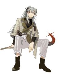 Rule 34 | ankle boots, arknights, boots, brown shirt, dragon girl, dragon tail, furiwo, grey hair, highres, horns, jacket, long sleeves, orange nails, pants, saria (arknights), shirt, tail, turtleneck, white background, white pants, wide sleeves