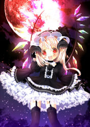 Rule 34 | 1girl, alternate costume, black dress, black thighhighs, blonde hair, dress, female focus, flandre scarlet, full moon, garter straps, gothic lolita, hat, hat ribbon, highres, horns, light particles, lights, lolita fashion, moon, night, open mouth, pointy ears, red eyes, red moon, ribbon, side ponytail, sky, smile, solo, thighhighs, touhou, wings, zefa (neoaltemice), zettai ryouiki
