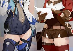 Rule 34 | 2girls, amber (genshin impact), blue neckwear, bodystocking, bodysuit, bodysuit under clothes, breasts, brown shorts, center opening, close-up, cowboy shot, eula (genshin impact), genshin impact, gloves, highres, holding, holding paper, jacket, leotard, long sleeves, lower body, multiple girls, open clothes, open jacket, paper, pouch, red jacket, short shorts, shorts, skindentation, small breasts, thighhighs, thighs, uno ryoku, vambraces