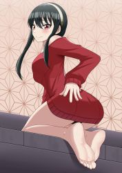 Rule 34 | 1girl, barefoot, black hair, blush, feet, foot focus, from behind, highres, lemon kele, long hair, looking back, red eyes, red sweater, smile, soles, solo, spy x family, sweater, toes, yor briar