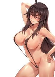 Rule 34 | 1girl, ;), ahoge, arm up, breasts, brown hair, contrapposto, covered erect nipples, cowboy shot, gradient background, grin, hair between eyes, hand on own hip, highres, iris yuma, large breasts, long hair, looking at viewer, o o, one eye closed, parted lips, rainmaker, red eyes, shiny skin, simple background, slingshot swimsuit, smile, solo, soulworker, standing, swimsuit, thighs, wet, wet hair, white background