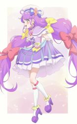 Rule 34 | 1girl, :d, ahoge, blue bow, bow, clothes lift, commentary request, cure coral, facial mark, full body, hair bow, hat, heart, heart facial mark, highres, lifted by self, long hair, looking away, magical girl, open mouth, precure, purple eyes, purple footwear, purple skirt, red bow, sincos, skirt, skirt lift, smile, solo, standing, suzumura sango, tropical-rouge! precure, very long hair, white hat, yellow bow