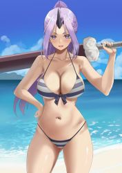Rule 34 | 1girl, bare shoulders, beach, bikini, black nails, blue sky, breasts, cleavage, cloud, collarbone, commentary, cowboy shot, day, gluteal fold, groin, hand on own hip, hand up, high ponytail, holding, holding sword, holding weapon, horizon, horns, kesoshirou, large breasts, legs apart, long hair, looking at viewer, nail polish, navel, ocean, open mouth, outdoors, parted bangs, purple eyes, purple hair, sand, shiny skin, shion (tensei shitara slime datta ken), single horn, sky, solo, standing, striped bikini, striped clothes, swimsuit, sword, tensei shitara slime datta ken, thighs, v-shaped eyebrows, water, weapon
