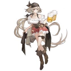 Rule 34 | 1girl, alcohol, anchor ornament, artist request, bandana, beer, beer mug, black bandana, black ribbon, boots, breasts, brown corset, brown footwear, brown hair, closed mouth, corset, cup, dagger, dirndl, full body, german clothes, girls&#039; frontline, hair ribbon, high heel boots, high heels, highres, holding, holding cup, jewelry, knife, kord (captain kord) (girls&#039; frontline), kord (girls&#039; frontline), large breasts, light brown hair, long hair, looking at viewer, mug, necklace, off-shoulder shirt, off shoulder, official alternate costume, official art, plaid, plaid skirt, red eyes, red skirt, ribbon, sheath, shirt, simple background, skirt, smile, solo, standing, thigh pouch, third-party source, transparent background, very long hair, weapon
