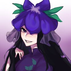 Rule 34 | 1girl, black hair, china dress, chinese clothes, dress, flower, flower on head, gradient background, long hair, looking at viewer, one eye covered, open mouth, portrait, purple dress, purple eyes, purple flower, signature, smile, solo, touhou, vine print, xianyujunzhimiyingla, yomotsu hisami