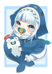 Rule 34 | 1girl, aged down, baby, blue background, blue eyes, blunt bangs, border, dadada, full body, gawr gura, gawr gura (1st costume), highres, hololive, hololive english, hood, hoodie, long sleeves, multicolored hair, pacifier, socks, solo, stuffed toy, tail, two-tone hair, virtual youtuber, white border