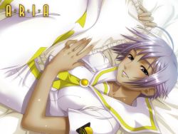Rule 34 | 00s, 1girl, aria (manga), athena glory, bed, bed sheet, copyright name, dark-skinned female, dark skin, frilled pillow, frills, looking at viewer, lying, on side, pillow, short hair, silver hair, smile, solo, uniform, wallpaper