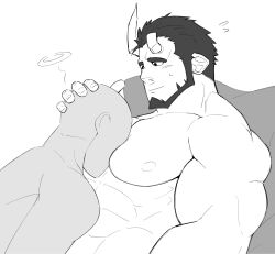 Rule 34 | 2boys, 2koma, abs, bara, beard, between pecs, between pectorals, broken horn, comic, demon boy, demon horns, faceless, faceless male, facial hair, flying sweatdrops, from side, greyscale, head between pecs, highres, horns, kansuke (kansuke 717), large pectorals, live a hero, male focus, mature male, monochrome, multiple boys, muscular, muscular male, nessen (live a hero), nipples, nude, on bed, pectorals, short hair, smile, solo focus, squiggle, upper body, yaoi
