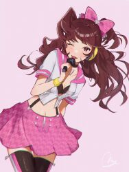 Rule 34 | 1girl, black bra, black choker, blush, bow, bra, breasts, brown hair, choker, collarbone, cowboy shot, cropped shirt, eyelashes, hair bow, hand up, headphones, highres, holding, holding microphone, idol, idol clothes, kujikawa rise, leaning to the side, long hair, microphone, midriff, miniskirt, momotamago, navel, one eye closed, open mouth, partially unbuttoned, persona, persona 4, persona 4: dancing all night, pink bow, pleated skirt, purple background, sailor collar, short sleeves, signature, skirt, small breasts, solo, swept bangs, thighhighs, underwear, zettai ryouiki