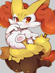 Rule 34 | 1girl, animal ear fluff, animal ears, animal nose, arm behind back, belly, black fur, blush, body fur, braixen, breasts, closed mouth, creatures (company), female focus, fox ears, fox girl, fox tail, furry, furry female, game freak, gen 6 pokemon, grey background, hand to own mouth, hand up, happy, highres, leg up, looking to the side, medium breasts, navel, nekoyuu, nintendo, nipples, plump, pokemon, pokemon (creature), red eyes, shiny skin, simple background, smile, snout, solo, standing, standing on one leg, stick, tail, thick thighs, thighs, white fur, wide hips, yellow fur