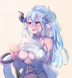 Rule 34 | 1girl, :d, bare shoulders, blue hair, blush, bow (bhp), breasts, clothing cutout, copyright request, cum, cum on body, cum on breasts, cum on clothes, cum on upper body, detached sleeves, draph, granblue fantasy, hair between eyes, hair ornament, horns, izmir, large breasts, long hair, mole, mole under mouth, navel, open mouth, pointy ears, ponytail, red eyes, simple background, smile, solo, underboob, underboob cutout, upper body, yellow background