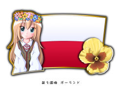 Rule 34 | 1girl, bead necklace, beads, black outline, blonde hair, blue eyes, clothing request, flag, flower, gradient outline, jewelry, long hair, murakami senami, necklace, outline, poland, polish flag, shirt, simple background, upper body, white background, white shirt, wing collar, yellow outline