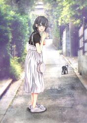 Rule 34 | 1girl, :o, animal, bag, black shirt, blush, braid, bush, cat, commentary, day, from side, full body, grey eyes, grey hair, hair between eyes, hair over shoulder, highres, long hair, long skirt, looking at viewer, looking to the side, official art, open mouth, outdoors, ponkan 8, revision, road, shirt, shoes, short sleeves, skirt, sneakers, solo, standing, street, symbol-only commentary, wall, white bag, yahari ore no seishun lovecome wa machigatteiru., yukinoshita yukino