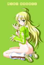 Rule 34 | 1girl, ahoge, ass, blonde hair, blush, bottomless, breasts, character name, clothes lift, cropped jacket, cum, fur trim, green background, green eyes, high heels, hoshii miki, idolmaster, idolmaster (classic), leg warmers, long hair, looking at viewer, masamurai, nipples, shirt lift, shoes, small breasts, smile, solo