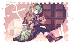 Rule 34 | 1girl, beekan, black ribbon, boots, box, braid, brown footwear, brown shirt, checkered clothes, checkered shirt, chocolate, closed mouth, green eyes, green hair, green skirt, gumi, hair ornament, hairband, head tilt, heart-shaped box, highres, holding, holding box, lace trim, looking at viewer, on ground, pantyhose, red scarf, ribbon, scarf, shirt, short hair, simple background, sitting, skirt, smile, solo, twin braids, undershirt, valentine, vocaloid
