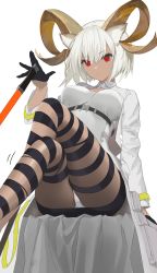 Rule 34 | 1girl, animal ears, arknights, bandaged leg, bandages, black gloves, black skirt, breasts, carnelian (arknights), closed mouth, commentary request, cropped jacket, crossed legs, dark-skinned female, dark skin, feet out of frame, gloves, goat ears, goat girl, goat horns, highres, horns, jacket, long sleeves, looking at viewer, medium breasts, miniskirt, nanam (nanam sk), open clothes, open jacket, panties, pantyshot, pencil skirt, red eyes, shirt, short hair, silver hair, simple background, sitting, skirt, solo, sword, thighs, underbust, underwear, upskirt, weapon, white background, white jacket, white panties, white shirt