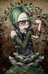 Rule 34 | 1girl, arm belt, bare shoulders, commentary request, cyclops, dress, elbow gloves, flower, frilled dress, frills, gloves, green eyes, green hair, green nails, hair flower, hair ornament, hairclip, hand gesture, lace, lace gloves, leaf hair ornament, looking at viewer, lotus (ray-k), monster girl, extra pupils, nail polish, one-eyed, open mouth, original, plant, ray-k, short hair, signature, single glove, sleeveless, sleeveless dress, solo, trypophobia, vines