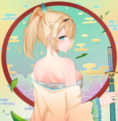 Rule 34 | 1girl, alternate breast size, blonde hair, blue eyes, blush, breasts, cleavage, from behind, highres, hololive, kazama iroha, large breasts, long hair, looking at viewer, looking back, ponytail, sarashi, serious, simple background, solo, sty, virtual youtuber