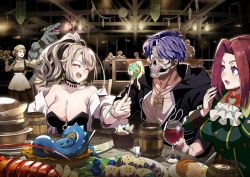 Rule 34 | 1boy, 3girls, :o, ^ ^, bare shoulders, black choker, blonde hair, blue hair, breasts, character request, check character, choker, cleavage, closed eyes, commentary request, cup, drinking glass, facing another, food, fork, hair intakes, holding, holding fork, jaian, large breasts, long hair, lorraine vivie, mug, multiple girls, nozomanu fushi no boukensha, off shoulder, official art, open mouth, ponytail, purple eyes, red eyes, red hair, rentt faina, sheila ibarss, third-party source, undead, wavy hair, wine glass