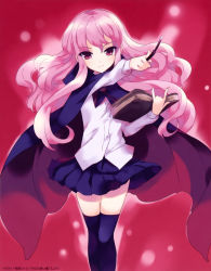 Rule 34 | 00s, 1girl, absurdres, black skirt, black thighhighs, blush, book, cape, cropped legs, head tilt, highres, holding, holding book, light smile, long hair, long sleeves, looking at viewer, louise francoise le blanc de la valliere, miniskirt, open book, pink background, pink eyes, pink hair, pleated skirt, scan, shirt, skirt, smile, solo, thighhighs, usatsuka eiji, wand, white shirt, wind, zero no tsukaima, zettai ryouiki