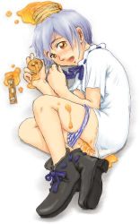 Rule 34 | 1girl, :d, androgynous, bisuke-tan, blue hair, blue panties, blush, fetal position, food, food on head, full body, kfc, lying, object on head, on side, open mouth, orange eyes, panties, panty pull, shirt, short hair, short sleeves, simple background, smile, solo, underwear, white background, white shirt