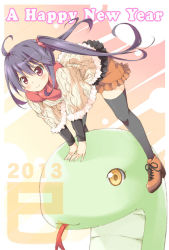 Rule 34 | 10s, 1girl, 2013, ahoge, black hair, black thighhighs, chinese zodiac, happy new year, new year, red eyes, scrunchie, shoes, smile, snake, snake (chinese zodiac), solo, thighhighs, twintails, umino tomo, zettai ryouiki