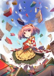 Rule 34 | 1girl, apron, bad id, bad pixiv id, bell, blue sky, book, cloud, day, hair bell, hair ornament, hieda no akyuu, highres, japanese clothes, kimono, long sleeves, motoori kosuzu, open mouth, pyonsuke (pyon2 mfg), red eyes, red hair, sky, solo, touhou, two side up, wide sleeves