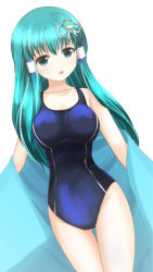 Rule 34 | 1girl, blush, breasts, competition swimsuit, covered navel, green eyes, green hair, hair ornament, hair tubes, kochiya sanae, long hair, looking at viewer, matching hair/eyes, one-piece swimsuit, open mouth, school swimsuit, smile, snake hair ornament, solo, standing, swimsuit, touhou, towel, white background, yamaguchi yuu