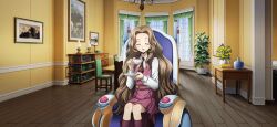 Rule 34 | 1girl, artist request, banana, blush, book, bookshelf, brown hair, buttons, chair, child, closed eyes, code geass, code geass: lost stories, collared shirt, cup, curtains, day, double-breasted, dress, drink, facing viewer, female focus, flat chest, flower, food, forehead, fruit, game cg, hair intakes, hands up, happy, highres, holding, holding cup, holding drink, holding plate, indoors, kneehighs, lamp, light blush, long hair, long sleeves, looking at viewer, necktie, non-web source, nunnally vi britannia, official art, on chair, open mouth, orange (fruit), painting (object), photo (object), picture frame, pinafore dress, plant, plate, potted plant, purple dress, purple necktie, purple socks, rose, saucer, school uniform, shirt, sidelocks, sitting, sleeveless, sleeveless dress, smile, socks, solo, table, tea, teacup, u u, very long hair, wheelchair, white shirt, window, wooden floor, yellow flower, yellow rose