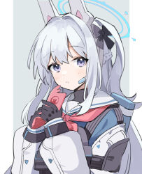 Rule 34 | 1girl, black bow, black gloves, blue archive, blush, border, bow, gloves, grey background, grey hair, hair bow, hair intakes, hands up, headgear, highres, long hair, long sleeves, looking at viewer, miyako (blue archive), neckerchief, parted lips, purple eyes, red neckerchief, shiduki eku, solo, upper body, white border