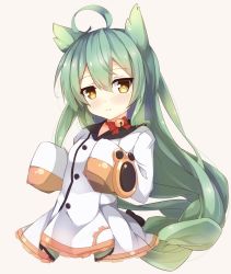 Rule 34 | 1girl, :3, ahoge, akashi (azur lane), animal ears, azur lane, beige background, bell, black bow, blush, bow, cat ears, choker, closed mouth, commentary request, dress, fuuna, green hair, hair between eyes, hair bow, hands in opposite sleeves, head tilt, highres, jingle bell, long hair, long sleeves, looking at viewer, red bow, red ribbon, ribbon, ribbon choker, sailor dress, simple background, solo, very long hair, white dress, yellow eyes