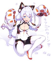 Rule 34 | 1girl, :3, animal ears, animal hands, blue eyes, blush, bodysuit, braid, breasts, cat ears, cat paws, cat tail, character name, cleavage, commentary, dev (dev0614), eyebrows, fake animal ears, fang, headgear, highres, honkai (series), honkai impact 3rd, indian style, kiana kaslana, kiana kaslana (white comet), looking at viewer, mecha musume, open mouth, paw pose, shadow, simple background, sitting, skin tight, solo, tail, translated, white background, white hair