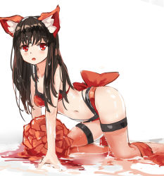 Rule 34 | 1girl, :o, absurdres, all fours, animal ears, bare arms, bare shoulders, bikini, black hair, blush, bow, fox ears, highleg, highleg bikini, highres, long hair, looking at viewer, navel, original, parted lips, pom pom (cheerleading), qianqiu wanxia, red bikini, red bow, red eyes, simple background, solo, stomach, swimsuit, thigh strap, thighs, water, white background