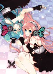 Rule 34 | 2girls, age difference, aqua eyes, aqua hair, blue eyes, bug, butterfly, butterfly hair ornament, butterfly wings, cocktail dress, dress, fingerless gloves, gloves, hair ornament, hat, hatsune miku, headphones, insect, insect wings, long hair, magnet (vocaloid), megurine luka, mini hat, mini top hat, multiple girls, pink hair, rotational symmetry, top hat, vocaloid, wings, yukiko (yukihakka), yuri