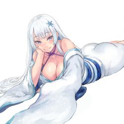 Rule 34 | 1girl, ass, bare shoulders, blue eyes, breasts, cheek squash, cleavage, closed mouth, collarbone, commentary request, hair ornament, halterneck, head rest, japanese clothes, kimono, large breasts, long hair, long sleeves, looking at viewer, lying, mole, mole under mouth, nijisanji, obi, off shoulder, on stomach, print sash, sash, setsuna (1st costume) (nijisanji), setsuna (nijisanji), shu-mai, sidelocks, simple background, smile, snowflake hair ornament, snowflake print, solo, tsurime, virtual youtuber, white background, white hair, white kimono, wide sleeves