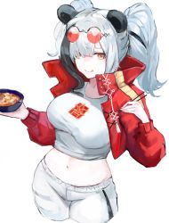 Rule 34 | 1girl, :p, :q, alternate costume, animal ears, arknights, bowl, breasts, closed mouth, crop top, cropped jacket, cropped legs, eyewear on head, feater (arknights), feater (gourmet) (arknights), food, glasses, glasses on head, gnai, hand up, highres, holding, jacket, large breasts, long hair, looking at viewer, midriff, multicolored hair, navel, official alternate costume, open clothes, open jacket, orange eyes, panda ears, pants, red jacket, round eyewear, shirt, smile, solo, soup, stomach, sunglasses, tongue, tongue out, twintails, two-tone hair, white hair, white pants, white shirt